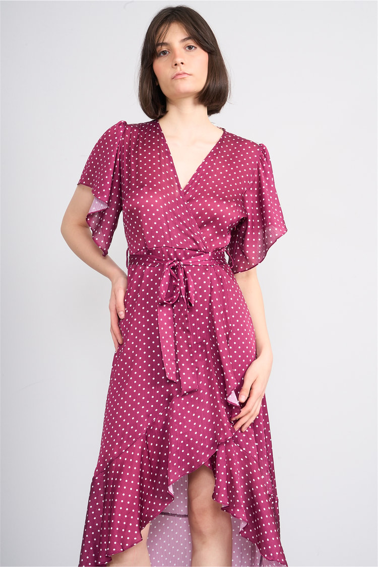 Patara Y26 26-5123 Bordo Kadın Kruvaze Volanlı Elbise S-Xl
