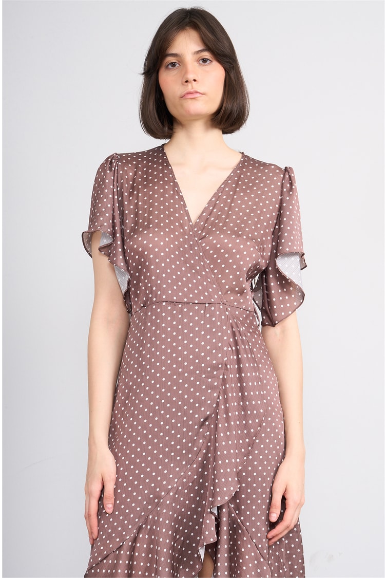 Patara Y26 26-5123 Kahve Kadın Kruvaze Volanlı Elbise S-Xl