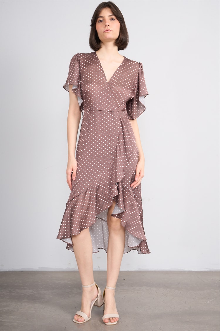 Patara Y26 26-5123 Kahve Kadın Kruvaze Volanlı Elbise S-Xl