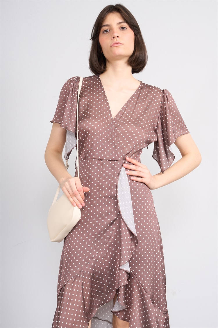 Patara Y26 26-5123 Kahve Kadın Kruvaze Volanlı Elbise S-Xl