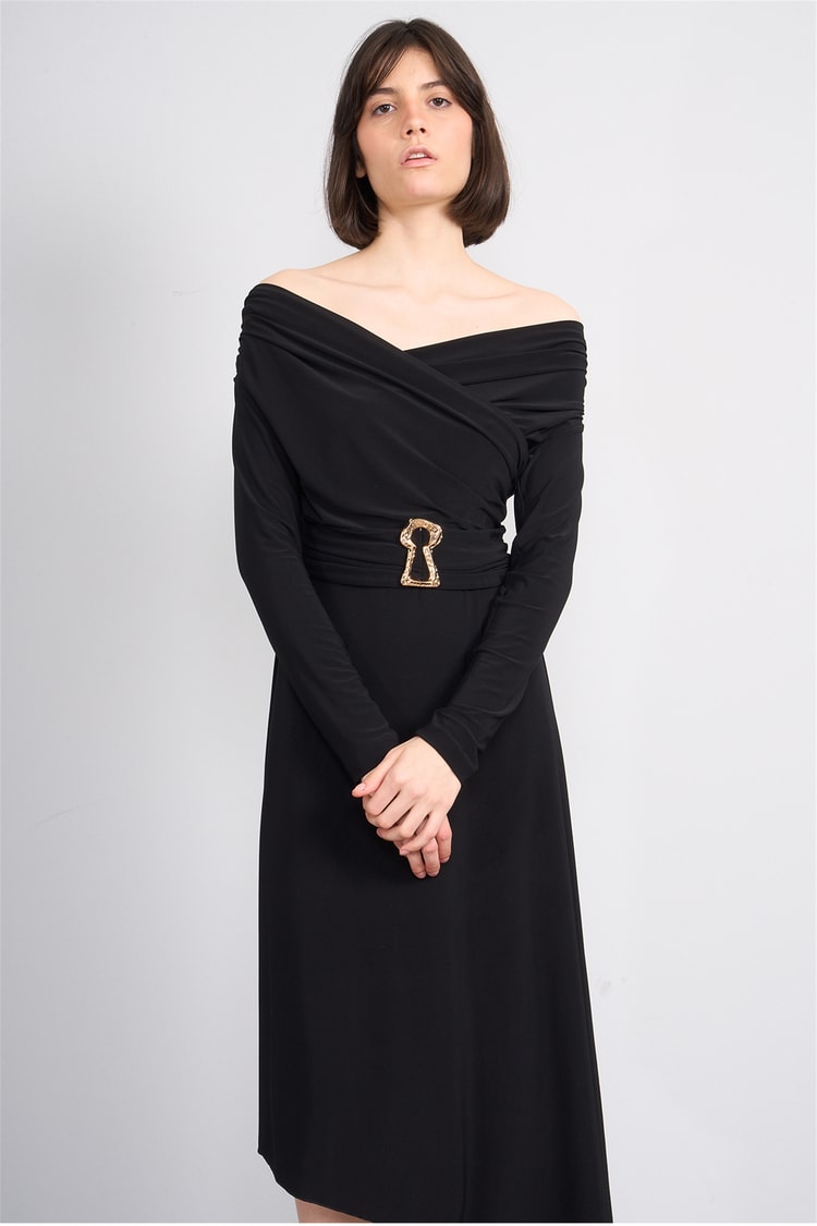 Patara Y26 26-5123 Siyah Kadın Drapeli Kruvaze Yaka Elbise S-Xl
