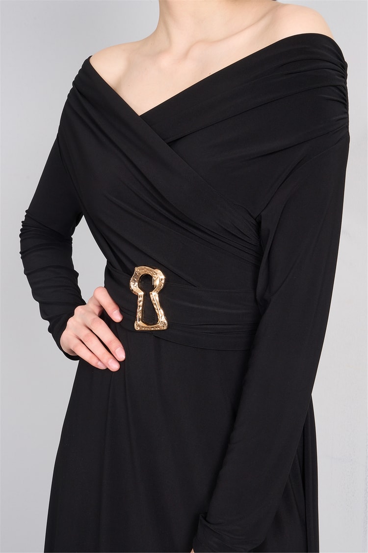 Patara Y26 26-5123 Siyah Kadın Drapeli Kruvaze Yaka Elbise S-Xl
