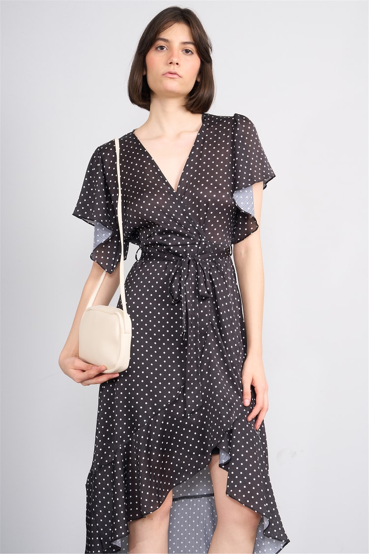 Patara Y26 26-5123 Siyah Kadın Kruvaze Volanlı Elbise S-Xl