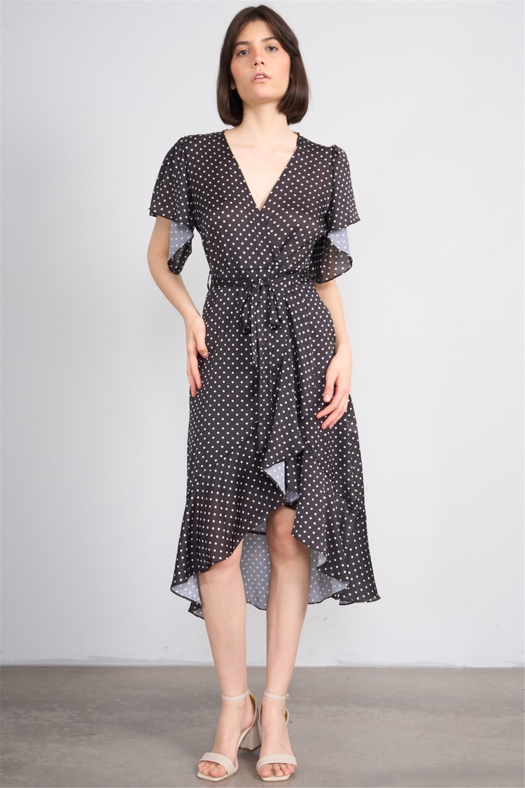 Patara Y26 26-5123 Siyah Kadın Kruvaze Volanlı Elbise S-Xl