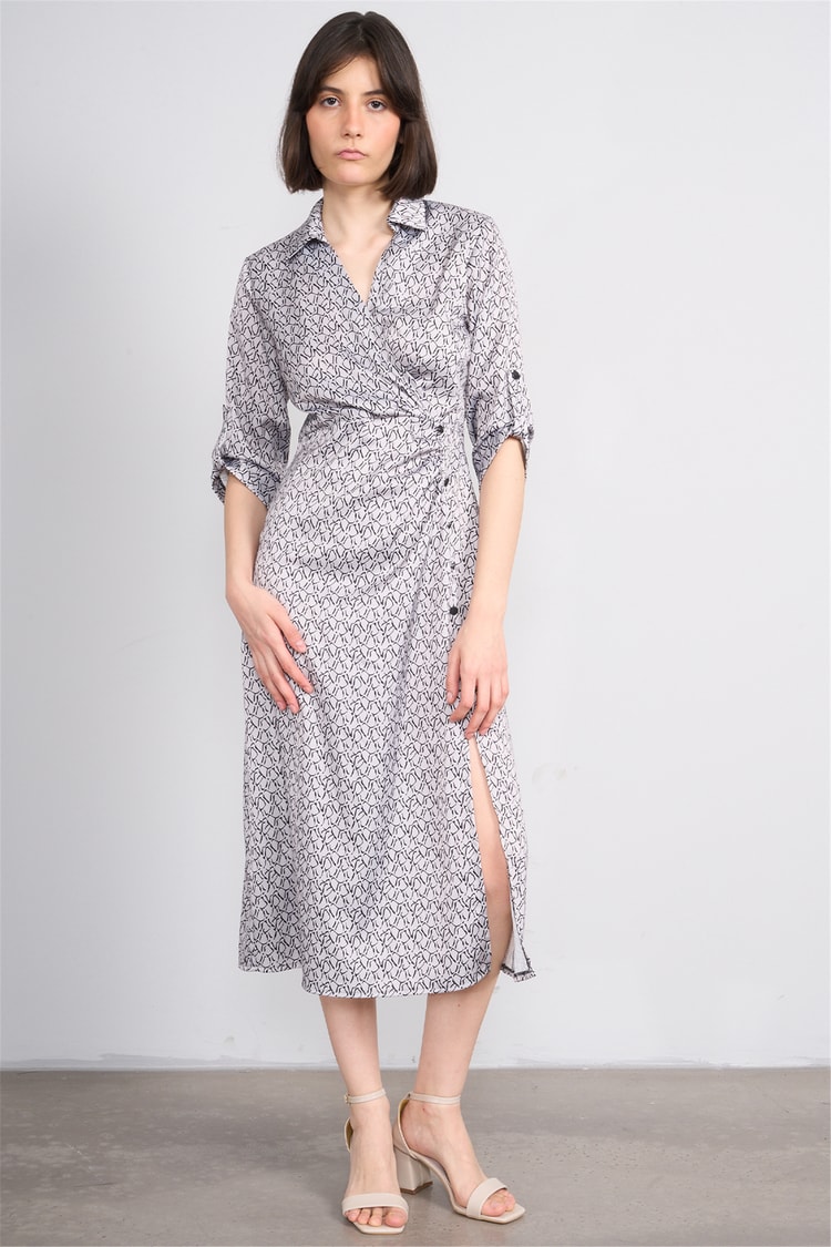 Patara Y26 26-5125 Ekru Kadın Kruvaze Yırtmaçlı Elbise S-Xxl