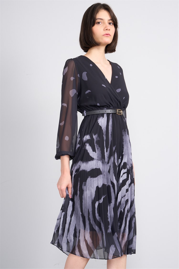 Patara Y26 5090-1 Gri Kadın Piliseli Şifon Elbise S-Xxl