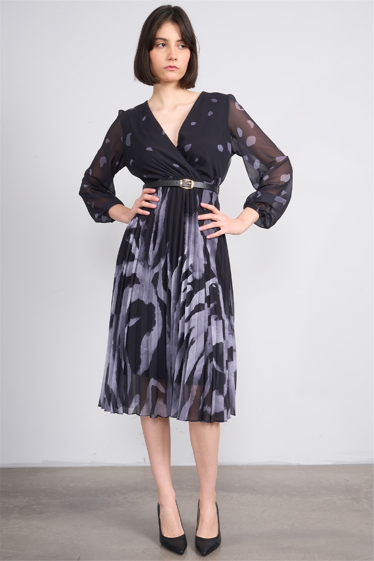 Patara Y26 5090-1 Gri Kadın Piliseli Şifon Elbise S-Xxl