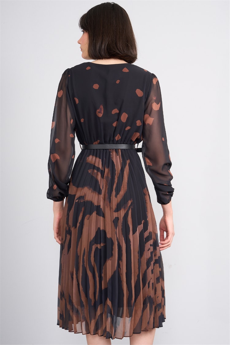 Patara Y26 5090-1 Kahverengi Kadın Piliseli Şifon Elbise S-Xxl