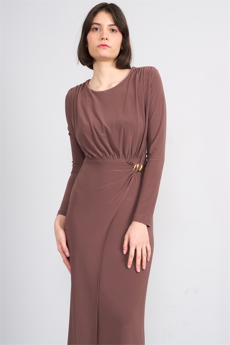Patara Y26 5117 Kahverengi Kadın Sandy Kumaş Elbise S-Xl