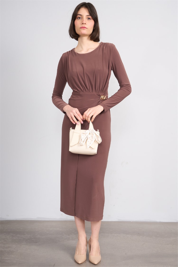 Patara Y26 5117 Kahverengi Kadın Sandy Kumaş Elbise S-Xl