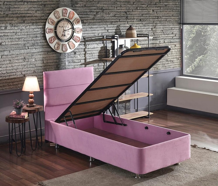 Pinky Baza ve Başlık - 100x200 cm Tek Kişilik Sandıklı Pembe Kumaş Baza ve Başlığı Silinebilir