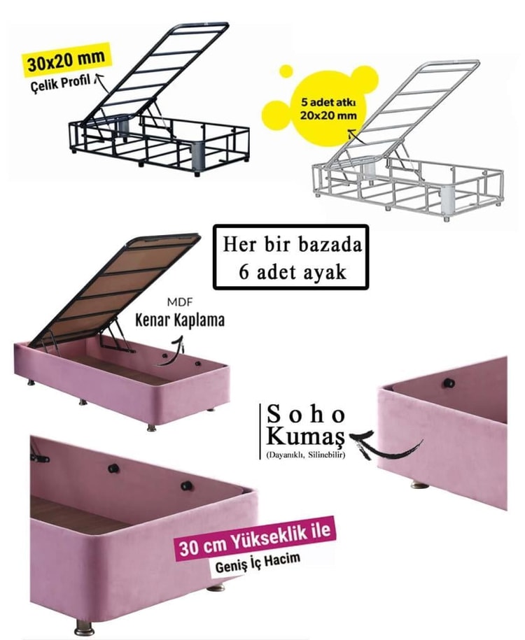 Pinky Baza ve Başlık - 120x200 cm Tek Kişilik Sandıklı Pembe Kumaş Baza ve Başlığı Silinebilir