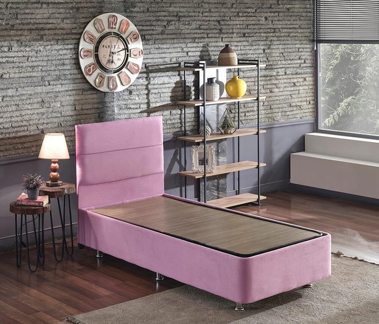 Pinky Baza ve Başlık - 120x200 cm Tek Kişilik Sandıklı Pembe Kumaş Baza ve Başlığı Silinebilir