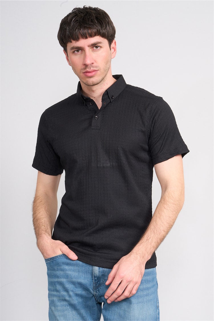 Rosso Y26 26014-P Siyah Erkek Polo Yaka Jakar Tişört S-Xxl