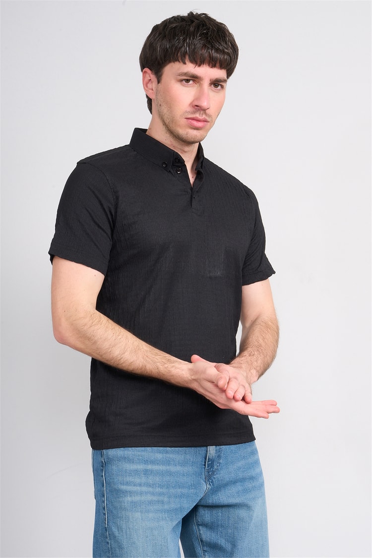 Rosso Y26 26014-P Siyah Erkek Polo Yaka Jakar Tişört S-Xxl