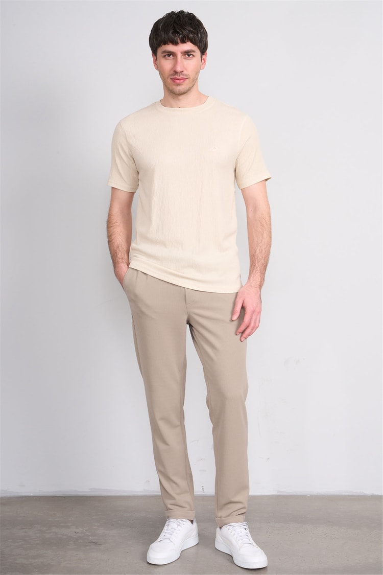 Rosso Y26 26014-S Bej Erkek Sıfır Yaka Jakar Tişört S-Xxl