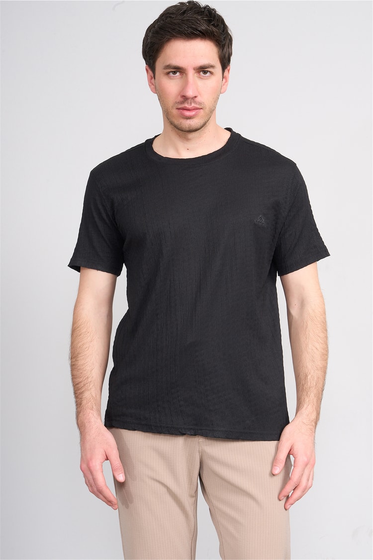 Rosso Y26 26014-S Siyah Erkek Sıfır Yaka Jakar Tişört S-Xxl