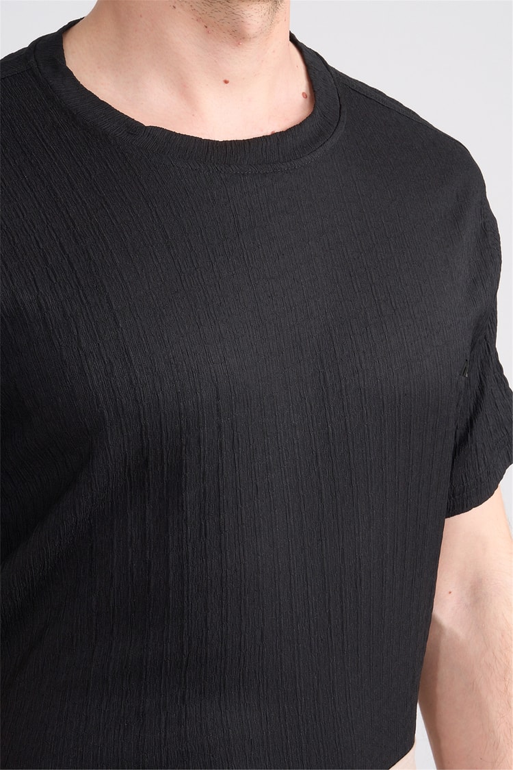 Rosso Y26 26014-S Siyah Erkek Sıfır Yaka Jakar Tişört S-Xxl