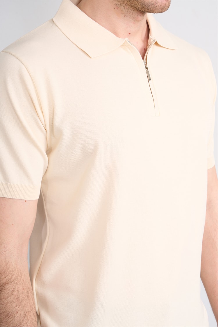 Rosso Y26 26069 Bej Erkek Fermuarlı Polo Yaka Polyelıt Trıko Tişört S-Xxl