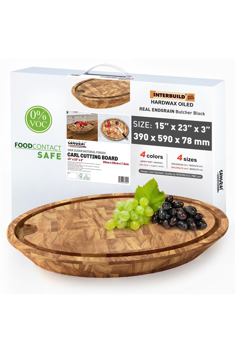 Samurai Interbuild Masif Meşe End Grain Oval Kesme Tahtası 59x39x7,8 cm Organik Naturel Meşe,Şeffaf 672445