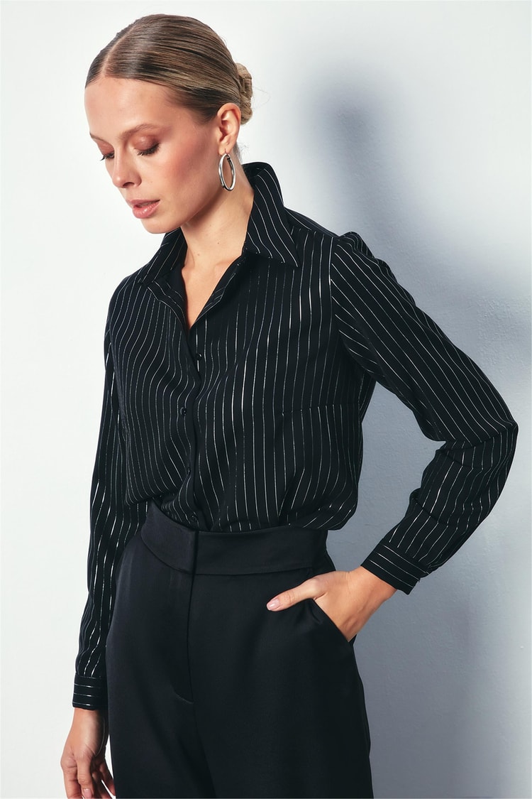 Sateen 1371-2010 Siyah Kadın Cızgılı Klasık Gömlek