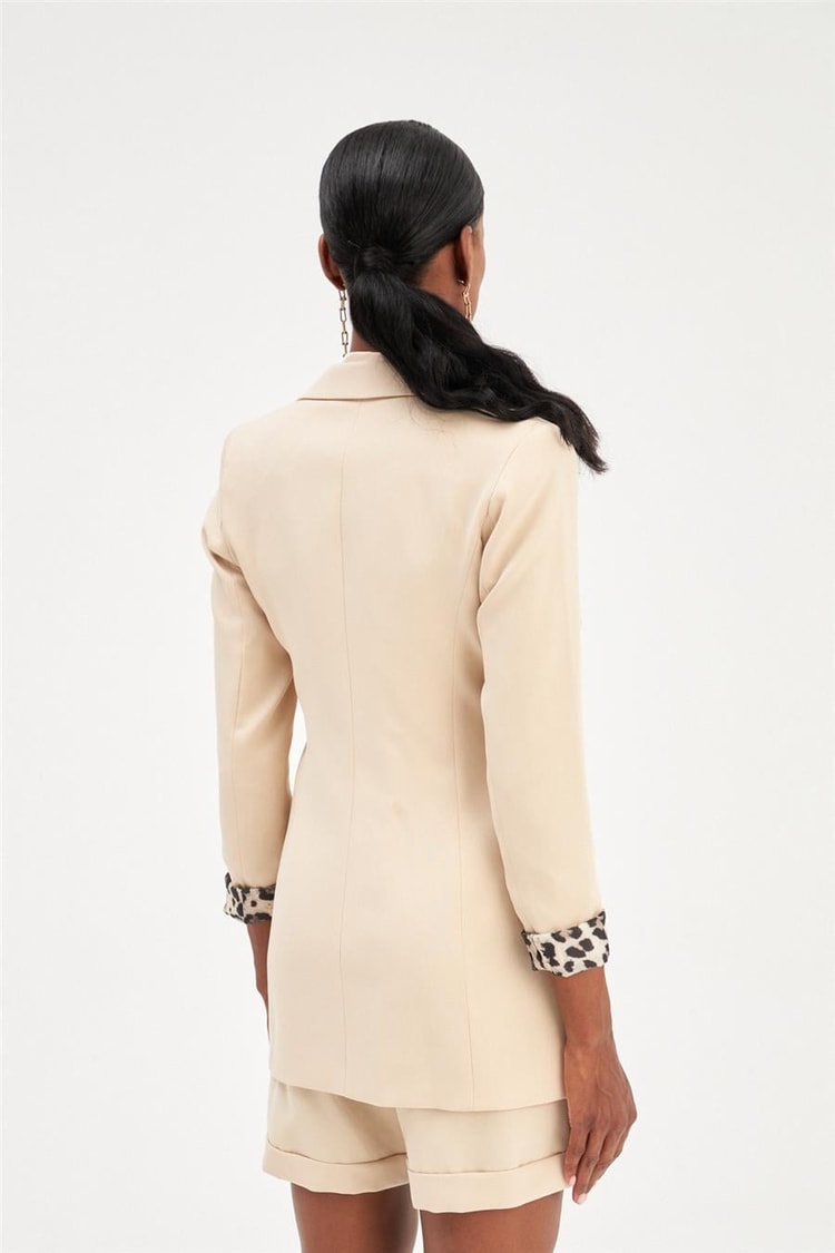 Sateen 166-6005 Kadın Bej Leopar Detaylı Ceket