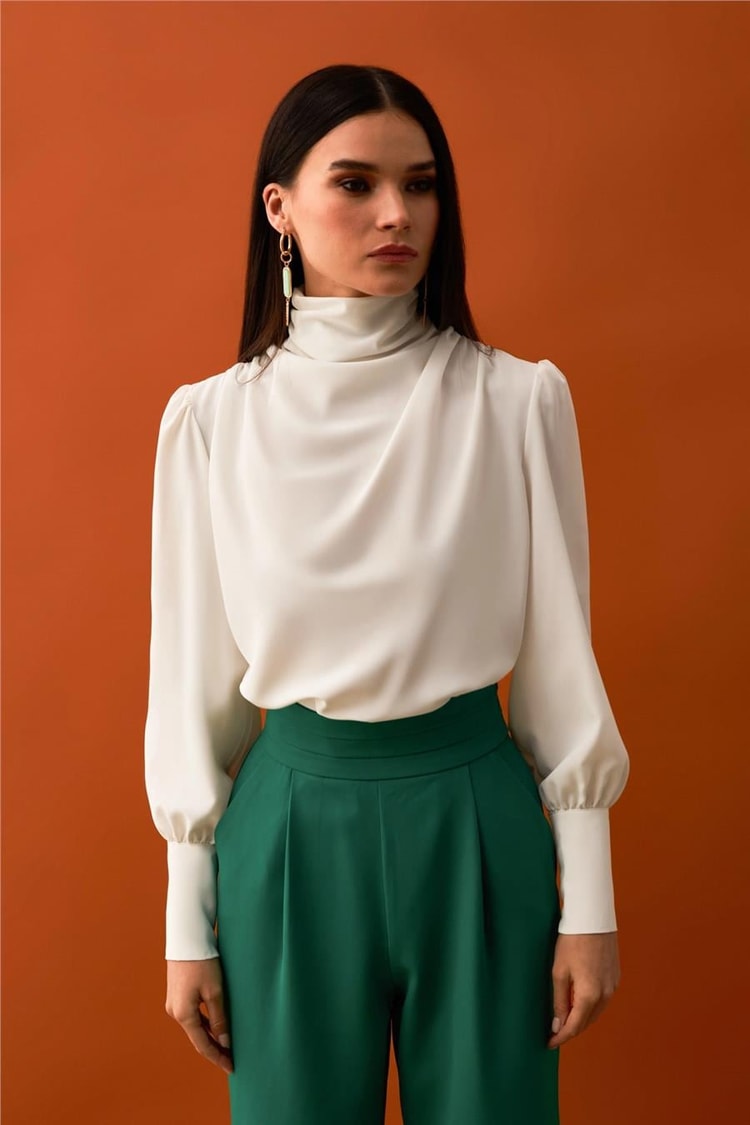 Sateen 417-1001 Ekru Kadın Drapelı Bluz 36-42