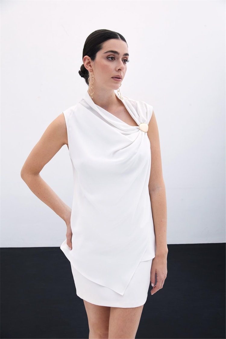Sateen Y25 1737-1018 Ekru Kadın Tek Omuzu Aksesuarlı Kolsuz Bluz