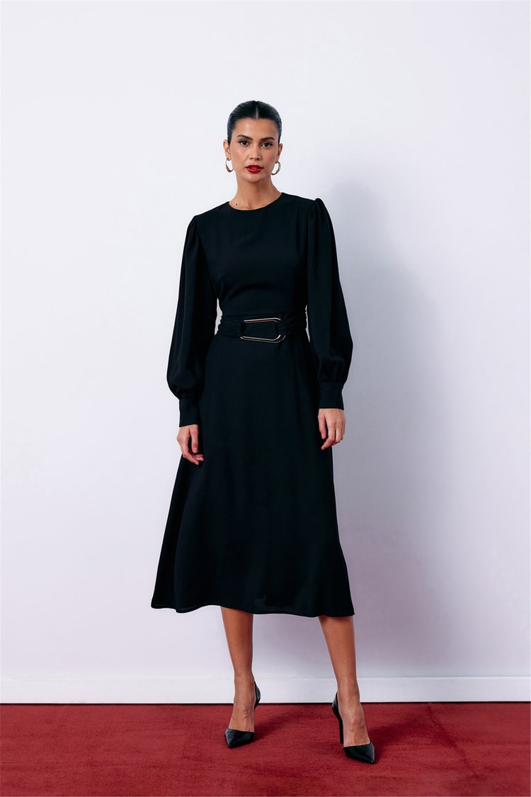 Sateen Y26 1553-3500 Kemeri Metal Tokalı Elbise Siyah