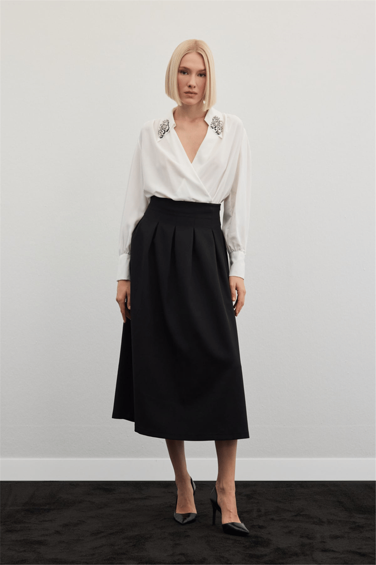 Sateen Y26 1884-4570 Pile Detaylı Midi Etek Siyah