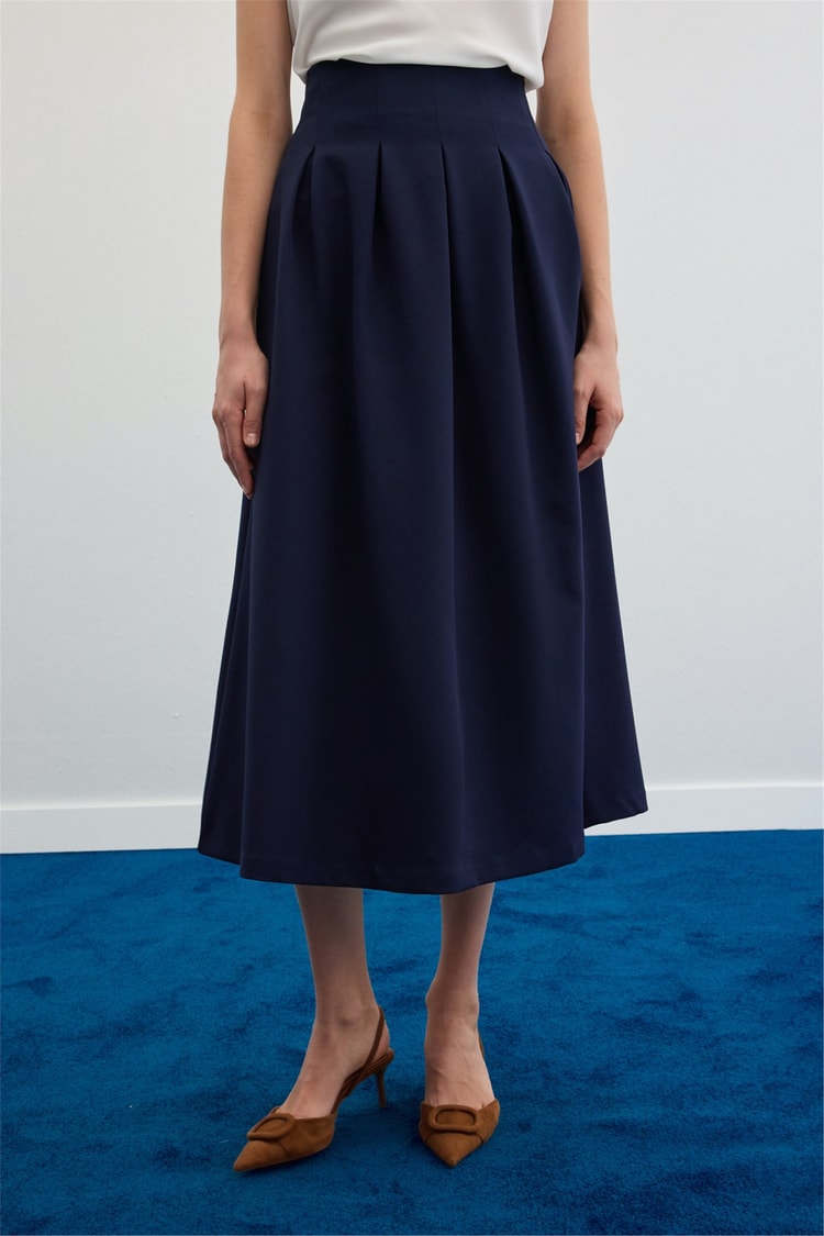 Sateen Y26 1884-4570 Pile Detaylı Midi Etek Lacivert