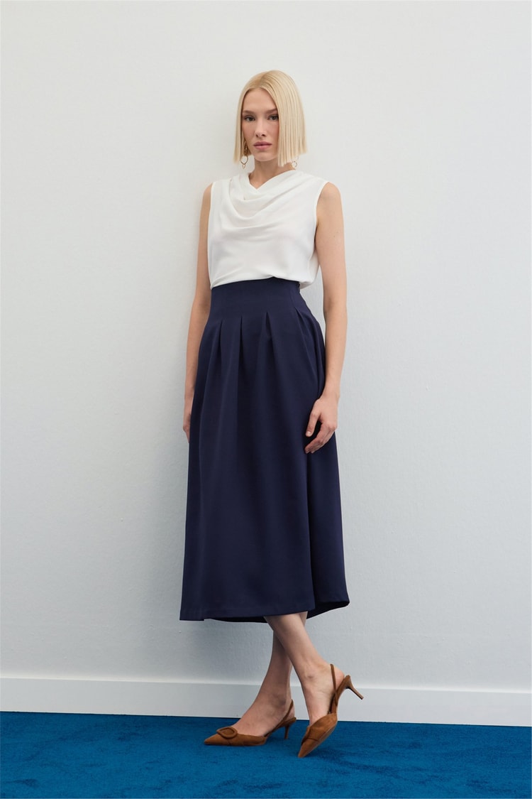 Sateen Y26 1884-4570 Pile Detaylı Midi Etek Lacivert
