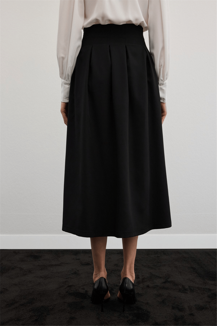Sateen Y26 1884-4570 Pile Detaylı Midi Etek Siyah