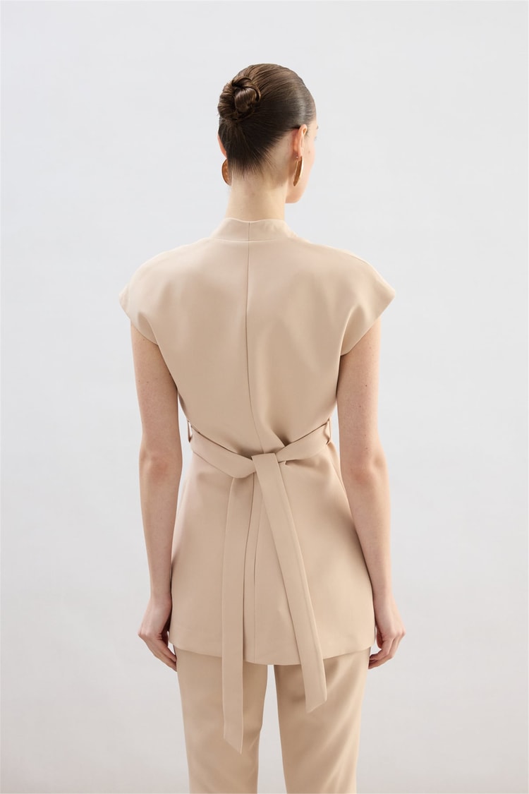 Sateen Y26 1900-1592 Toka Detaylı Bluz Bej