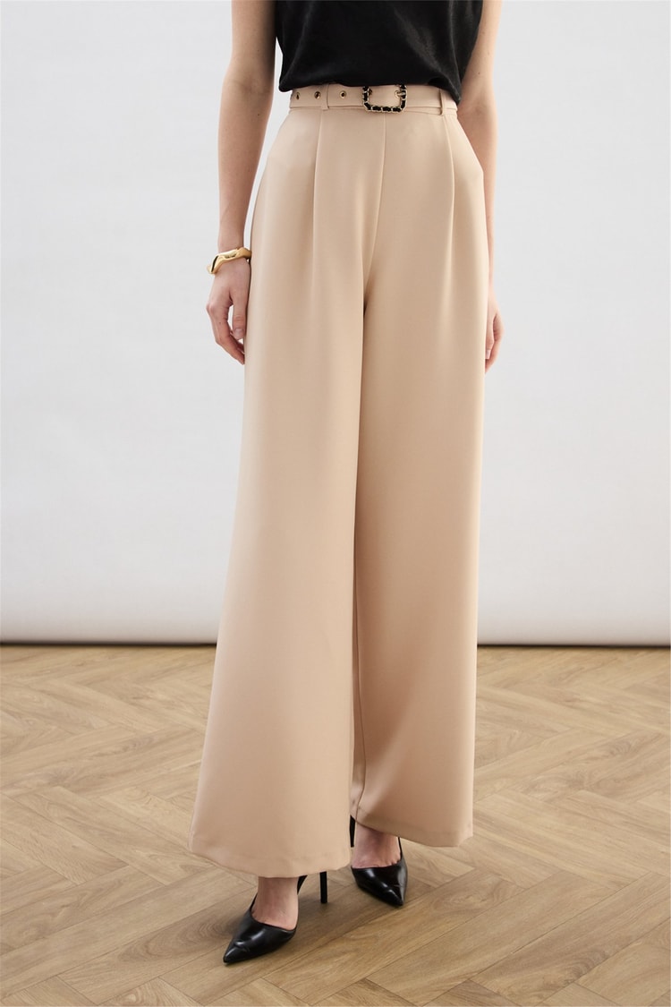 Sateen Y26 1920-5538 Kemer Detaylı Bol Pantolon Bej