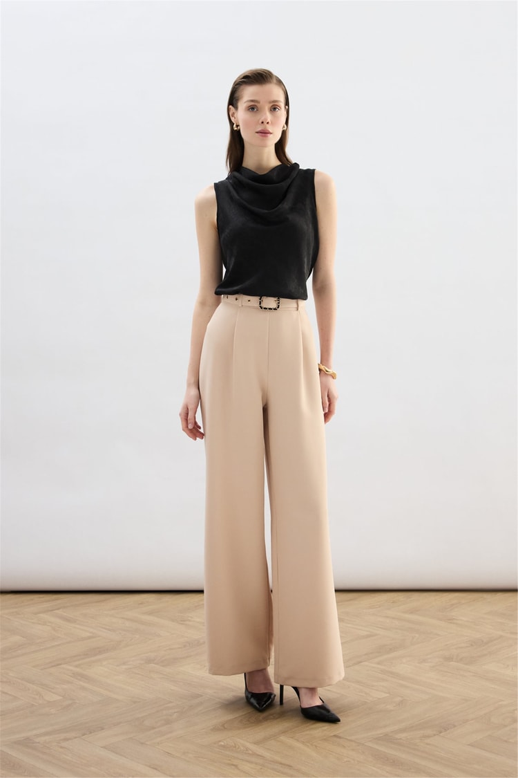 Sateen Y26 1920-5538 Kemer Detaylı Bol Pantolon Bej