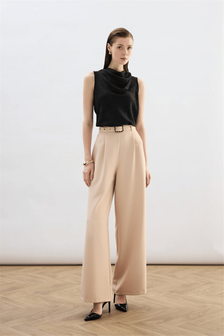 Sateen Y26 1920-5538 Kemer Detaylı Bol Pantolon Bej