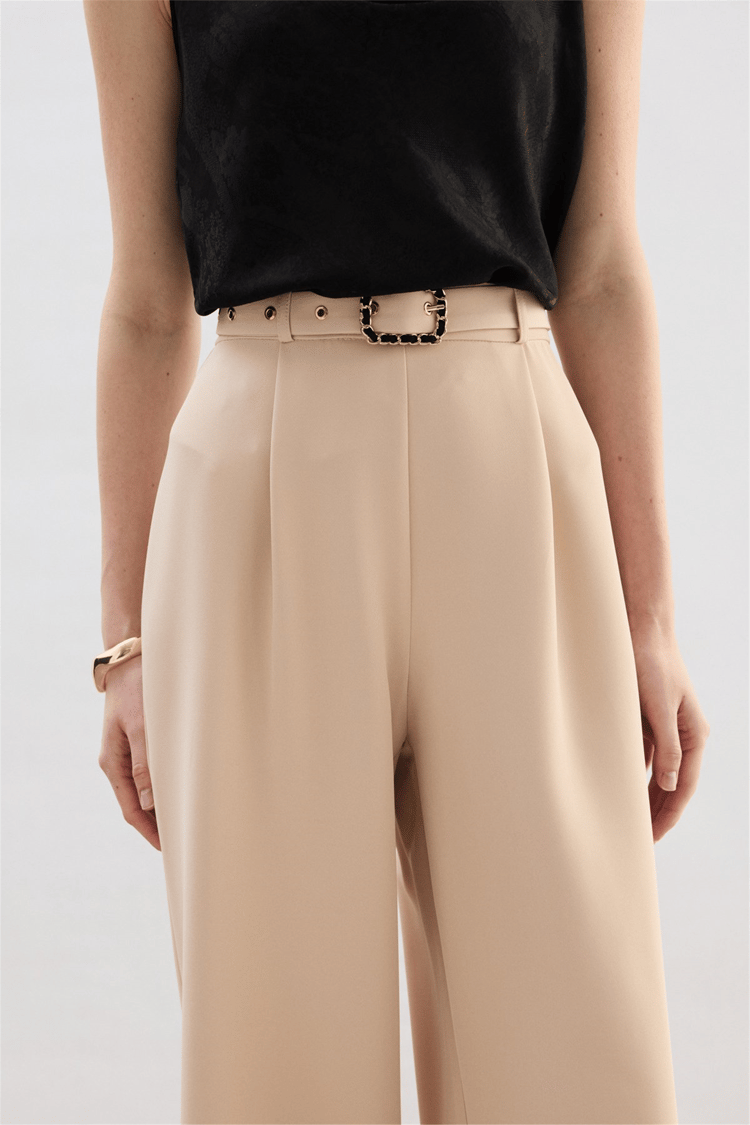Sateen Y26 1920-5538 Kemer Detaylı Bol Pantolon Bej