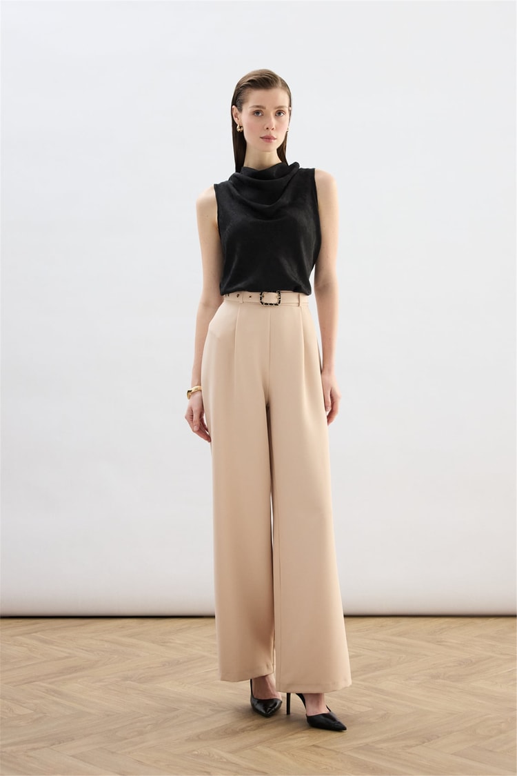 Sateen Y26 1920-5538 Kemer Detaylı Bol Pantolon Bej