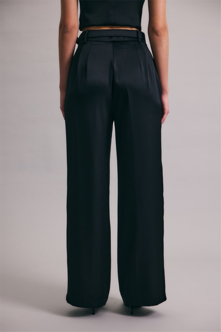 Sateen Y26 1956-5067 Kemer Detaylı Saten Pantolon Siyah