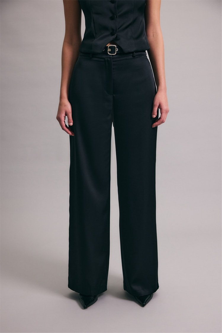 Sateen Y26 1956-5067 Kemer Detaylı Saten Pantolon Siyah