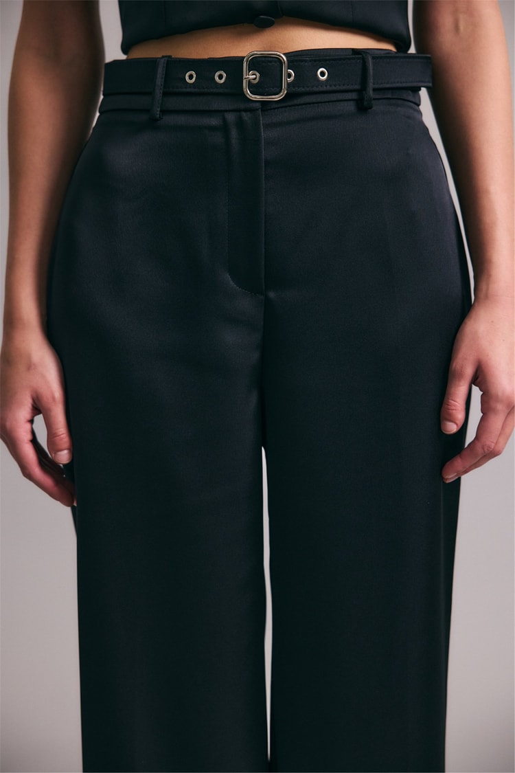 Sateen Y26 1956-5067 Kemer Detaylı Saten Pantolon Siyah
