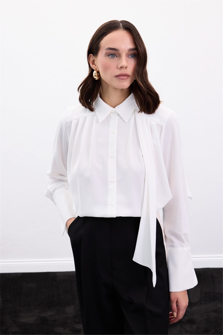 Sateen Y26 1974-2178 Fular Detaylı Gömlek Ekru