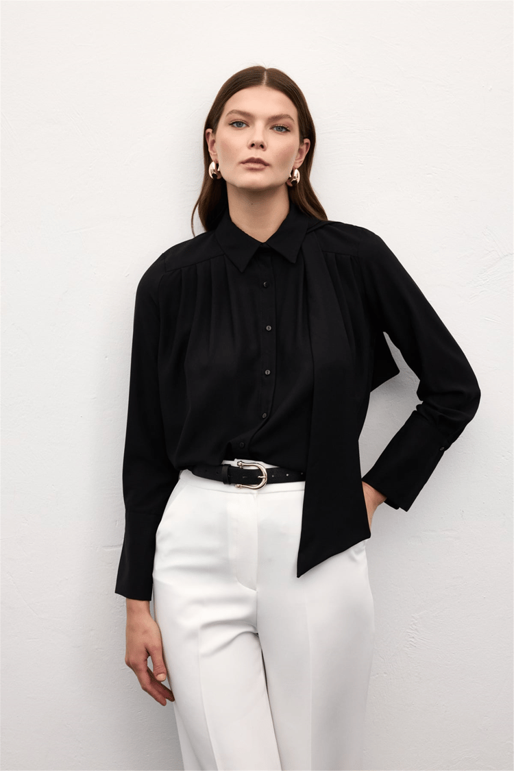 Sateen Y26 1974-2178 Fular Detaylı Gömlek Siyah