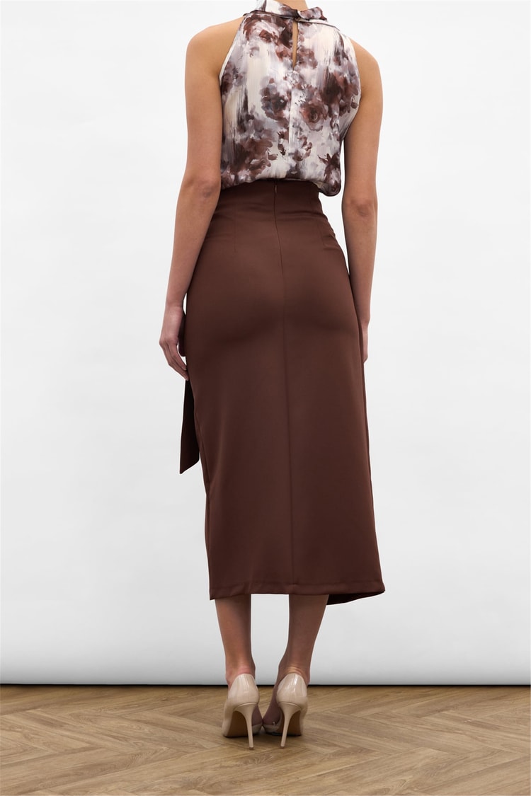 Sateen Y26 1976-4096 Kuşak Detaylı Midi Etek Kahverengi