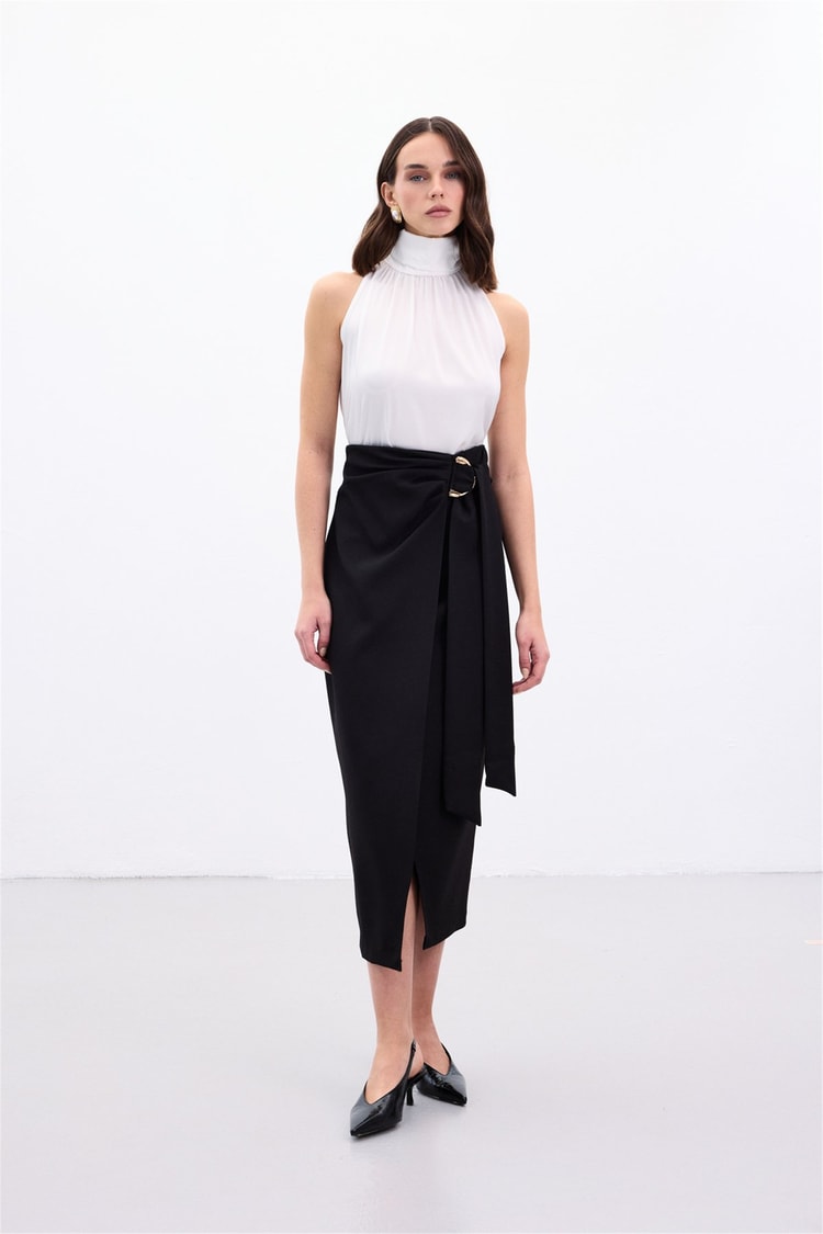 Sateen Y26 1976-4096 Kuşak Detaylı Midi Etek Siyah