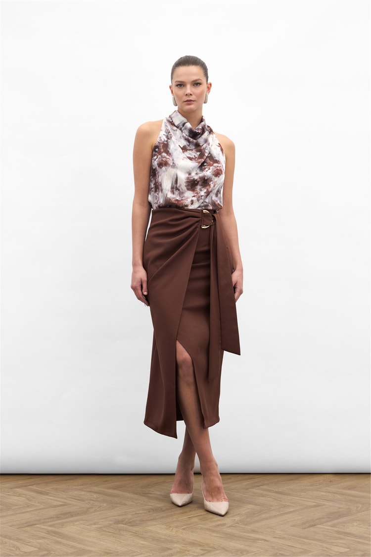 Sateen Y26 1976-4096 Kuşak Detaylı Midi Etek Kahverengi
