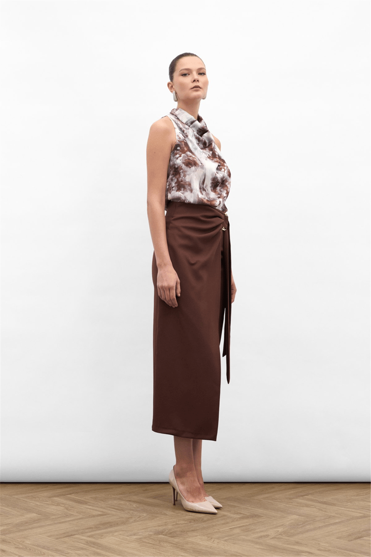 Sateen Y26 1976-4096 Kuşak Detaylı Midi Etek Kahverengi