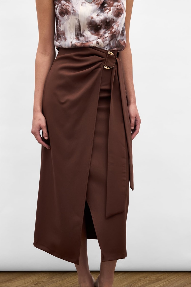 Sateen Y26 1976-4096 Kuşak Detaylı Midi Etek Kahverengi