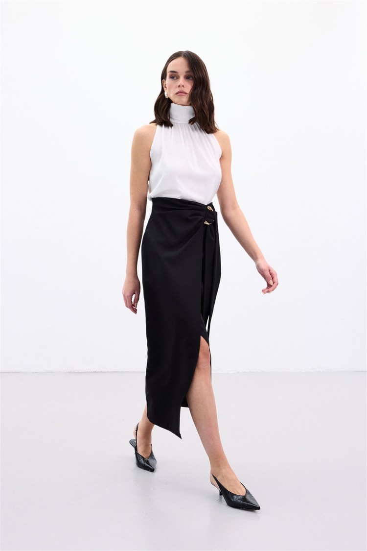 Sateen Y26 1976-4096 Kuşak Detaylı Midi Etek Siyah